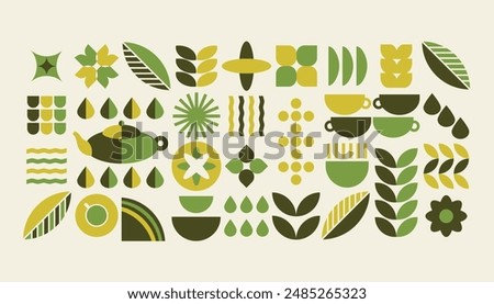 Abstract geometric tea pattern background. Natural organic plants shapes, tea shop menu concept. Vector bauhaus illustration