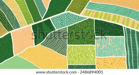 Agriculture field pattern, aerial view. Countryside grassland, farm land from top. Geometric farmland patches, padded mosaic country background, natural patchwork texture. Flat vector illustration