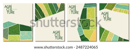 Agriculture field pattern, aerial view card poster with copy space. Countryside grassland, farm land from top. Geometric farmland patches, padded mosaic country background. Flat vector illustration