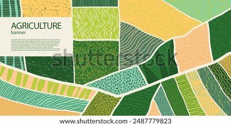 Agriculture field pattern banner, aerial view. Countryside grassland, farm land from top. Geometric farmland patches, padded mosaic country background, natural patchwork texture