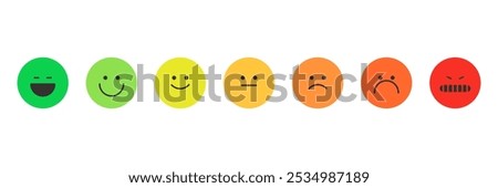 Feedback emoji slider, Reviews or rating scale with emoji representing different emotions, Level of satisfaction rating for service