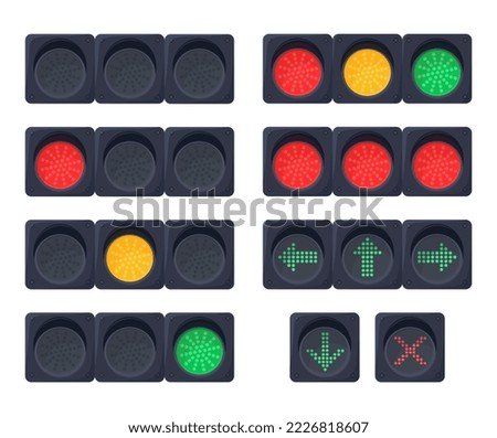 Set of vector illustrations of traffic lights. Signal lights.