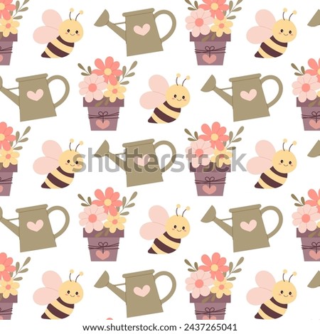 Spring seamless pattern. Bee, watering can, flowers in a pot in flat style. Pattern for textile, wrapping paper, background.