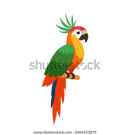 Green-red parrot in flat style. Colorful tropical bird on a white background. A tropical parrot with crest sits on a perch.