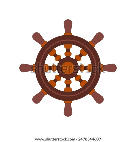 Wooden box steering wheel in flat style. Old ship rudder icon on white background. Captain's bridge.