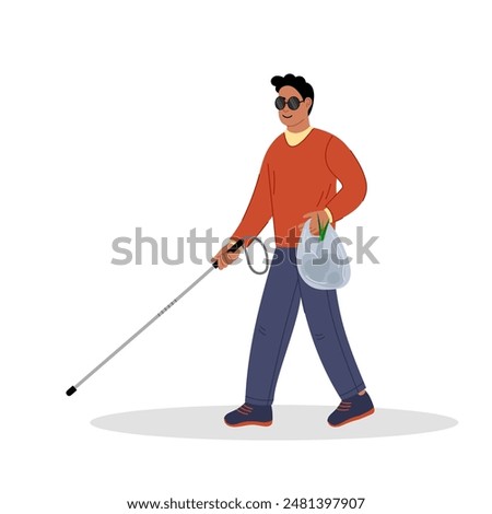 Blind man with a cane in flat style on a white background. A blind man leads an active life. Health care concept. A blind man goes shopping.	
