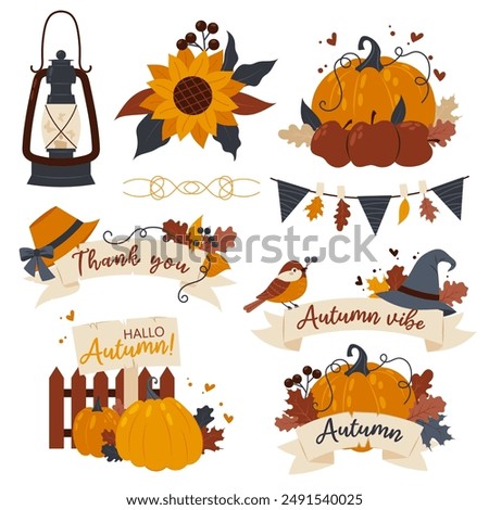Cute autumn collection set, fall harvest season. Fall illustrations with pumpkins. Festive autumn banner. A cozy fall. Thanksgiving. Fall harvest festival.