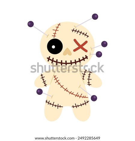 Cartoon Cursed doll. Voodoo doll with needles. Halloween decor. A magical tool for sorcery. Flat illustration on white background.