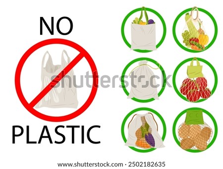 No plastic. Plastic bag crossed out in a red circle. Environmental protection. Ecology. Alternate plastic bag. Textile shopping bags. Illustration in flat style.