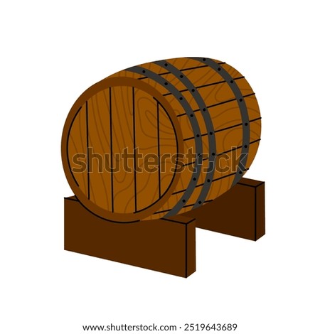 Beer wooden barrel. Oak barrel for aging alcoholic beverages. Large barrel for aging or storing beer, wine, whiskey. Flat illustration on white background.