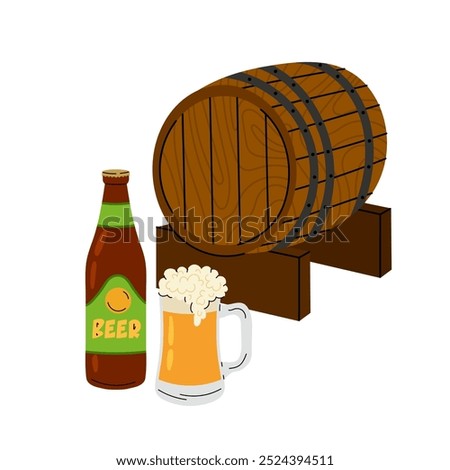 Beer keg. Glass bottle of beer. A glass of alcoholic drink. A wooden barrel for storing the drink. Hop drink in flat style on white background.