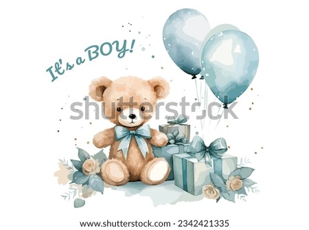 Watercolor teddy bear sitting between hellium balloons, gift boxes, flowers. Cute baby illustration for greeting cards, kid posters or baby shower 