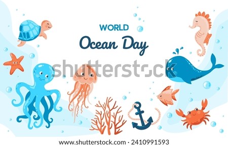 World Oceans Day. Protect ocean animals and the environment. Save ocean life. Marine set with sea creatures for girls and boys baby shower and birthday