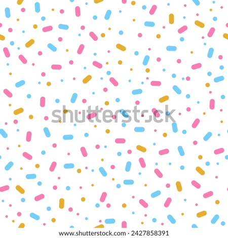 Festive seamless background with colorful sprinkles and dots. Ice cream dessert. Sweet confetti on transparent background for wrapping, textile, holiday designs, party, birthday, invitation, greetings