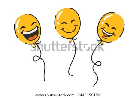 Cheerful yellow helium balloons. World Laughter Day. World smile day. Groovy style. Retro characters helium balloons with smiles. International Day of Happiness. Bright yellow balloons, happy emotions