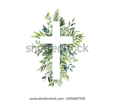 Eucalyptus botanical greenery and cross. Christening. Holy Spirit. Christian cross and green leaves for church, calendars, holiday cards, invitations, baptism. Easter catholic religious symbol