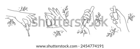 Elements for nail studio. Logos for manicurist, beauty spa. Hands hold nail polish, nail file