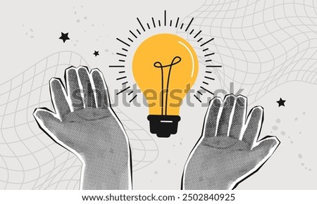 Trendy collage two halftone hands and lightbulb. Creative idea concept. Business solutions, mind, brainstorm, answer, idea, problem solving. Vector illustration with retro elements