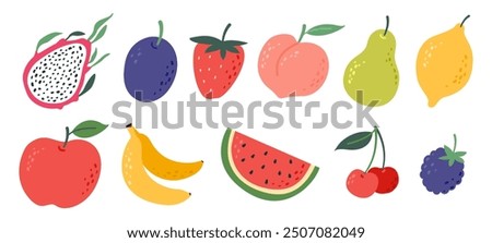 Natural hand drawn fruits and berries. Apple, peach, lemon, cherry, watermelon, banana, pitaya, plum, blackberry, pear, strawberry. Vector illustration