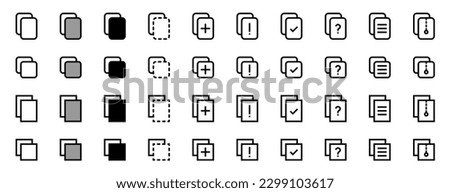 Copy icon collection. File icon set in black color design. Black flat thin icon on modern outline style.