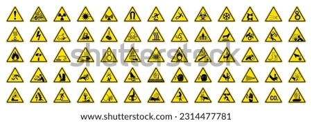 Big Set of 65 isolated hazardous symbols on yellow round triangle board warning sign