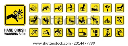 Set of 24 isolated Hand Crush Force hazardous symbols on yellow round square board warning sign