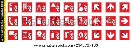 Full set of 27 isolated Fire equipment and Fire action signs on red board. Official ISO 7010 safety signs standard.