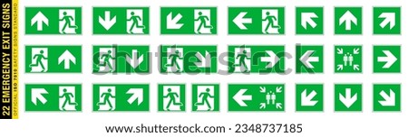 Full set of 22 isolated Emergency exit symbols on green rectangle board. Official ISO 7010 safety signs standard