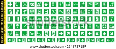 Full set of 86 isolated Safe condition and first aid symbols on green board. Official ISO 7010 safety signs standard.