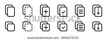 Black and white document icon set featuring various states like add, check, and pending.