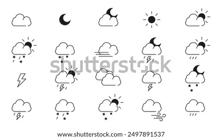 A collection of weather icons depicting different conditions, including sun, clouds, rain, snow, thunderstorm, and wind, in minimalist style.