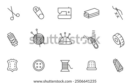 A collection of black and white outline icons illustrating various sewing and crafting tools, including needles, thread, and a sewing machine.