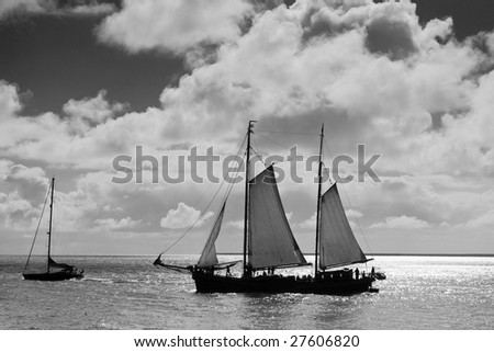 traditional sailboat, black and white photo