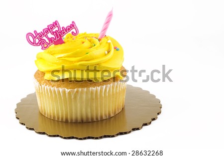 A yellow Happy Birthday cupcake with one unlit pink candle and birthday message, isolated on white with copy space