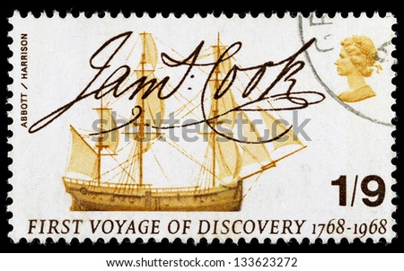 UNITED KINGDOM - CIRCA 1968: A used postage stamp printed in Britain celebrating Captain James Cook and his First Voyage of Discovery showing the Ship Endeavour, circa 1968