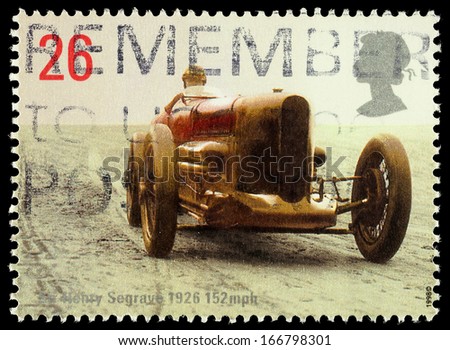 UNITED KINGDOM - CIRCA 1998: Used postage stamp printed in Britain celebrating British Land Speed Records showing Sir Henry Seagraves Sunbeam Car, circa 1998
