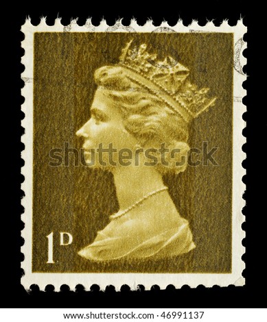 UNITED KINGDOM - CIRCA 1967: An English Used One Pence Postage Stamp showing Portrait of Queen Elizabeth 2nd, circa 1967