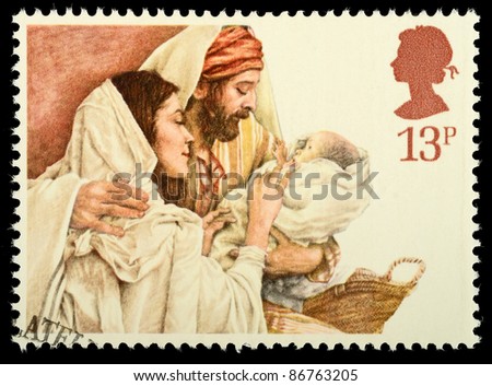 UNITED KINGDOM - CIRCA 1984: A stamp printed in the United Kingdom shows a Christmas postage stamp with Mary, Joseph and Baby Jesus, circa 1984