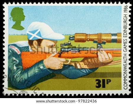UNITED KINGDOM - CIRCA 1986 : A British Used Postage Stamp showing Rifle Shooting, circa 1986