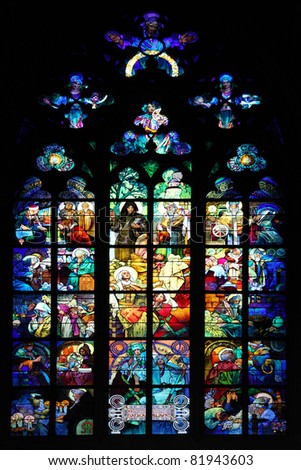 PRAGUE - July 18, 2010: Stained glass drawn by Alfons Mucha in 1931 for the St Guy\'s cathedral of the castle of Prague on July 18, 2010 in Prague, Czech Republic.