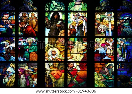 PRAGUE - July 18, 2010: Stained glass drawn by Alfons Mucha in 1931 for the St Guy's cathedral of the castle of Prague on July 18, 2010 in Prague, Czech Republic.
