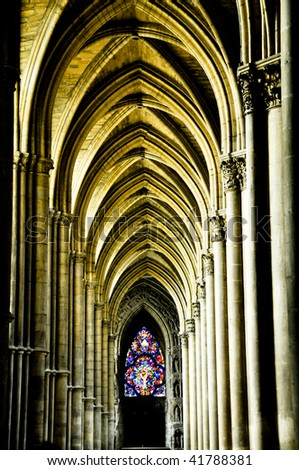 Gothic architecture perspective inside Reims Cathedral