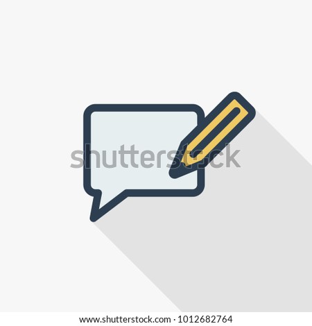 Comment writing thin line flat color icon. Linear vector illustration. Pictogram isolated on white background. Colorful long shadow design.