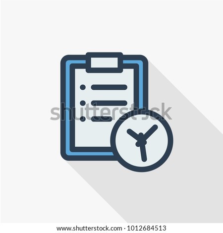 clipboard and clock, to-do list thin line flat color icon. Linear vector illustration. Pictogram isolated on white background. Colorful long shadow design.