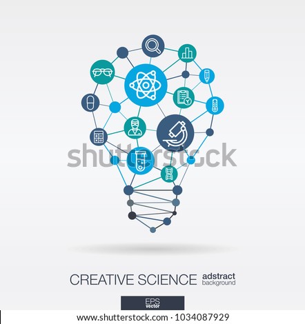 Science integrated thin line web icons. Idea, solution in light bulb shape. Digital network concept. Connected polygons and circles system. Laboratory research, innovation abstract background. Vector