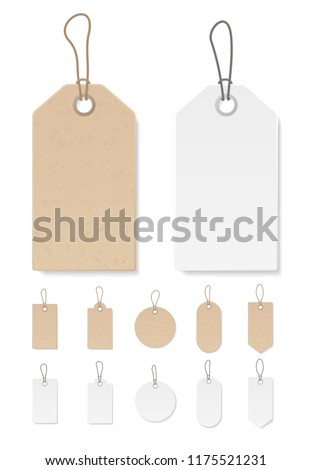Set of blank gift box tags or sale shopping labels with rope. White paper and brown kraft realistic material. Empty organic style stickers. Flat design isolated vector.