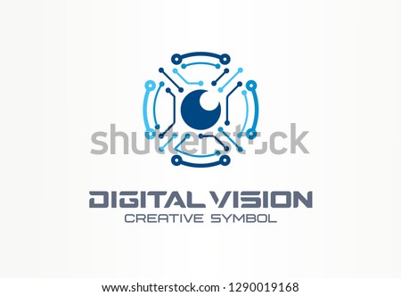 Digital vision creative symbol concept. Circuit robot eye, vr system abstract business logo. Cctv monitor, security scan control, video camera icon. Corporate identity logotype, company graphic design