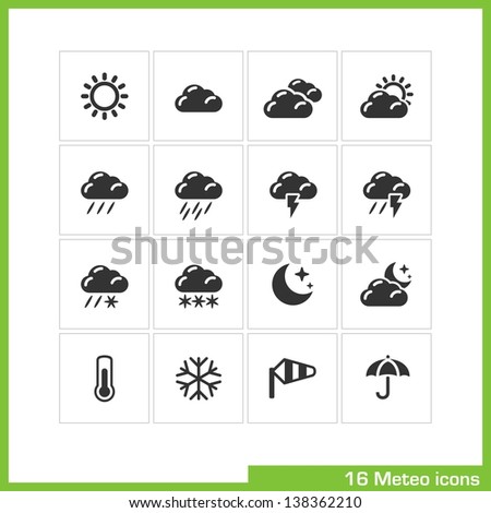 Meteo icon set. Vector black pictograms for web, computer and mobile apps, internet, interface design: weather cast, sun, cloud, rain, snow, moon, night, thermometer, snowflake, wind, umbrella symbol