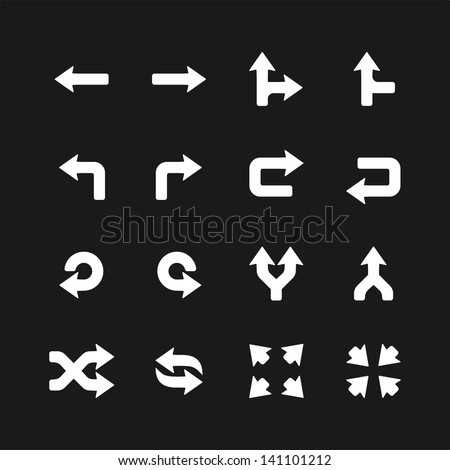 Arrows icons set on black. Vector white pictograms for web, internet, computer, mobile apps, navigation, business: branch, direction, buttons, switch, turn, left, right, undo, link, merge, move symbol