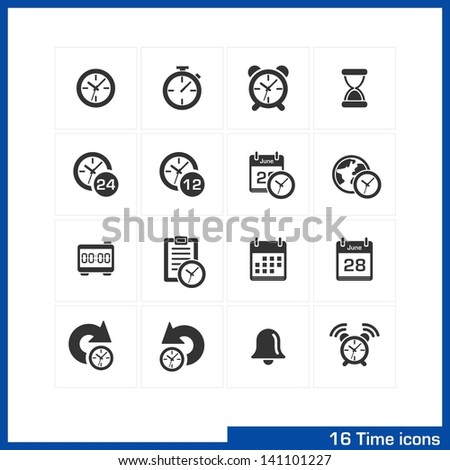 Date and time icons set. Vector black pictograms for business, management, web, internet, computer and mobile apps, interface design: clock, alarm, bell, calendar, reminder, organizer symbols